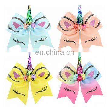 7inch Girl Unicorn Hair Bow Kids Handmade Rainbow Sequin Boutique Hairbands 12styles photo-5