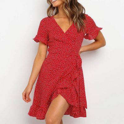 Red Sexy V Neck Floral Print Self Tie Wrap Dress Mini Dress Women Boho Ruffle Hem Flare Sleeve Summer Mini Dresses