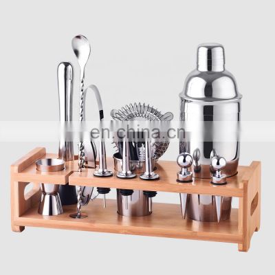 Creation Factory Direct Customizable Bamboo Wood Stand Bartender Kit Bar Accessory Tool Set 25oz Stainless Steel Shaker Cocktail