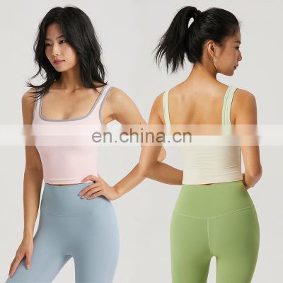 New Ribbed Color Blocking Fixed Pads U Back Sports Gym Crop Tank Top Workout Running Fitness Wear Bra Active Clothes For Women