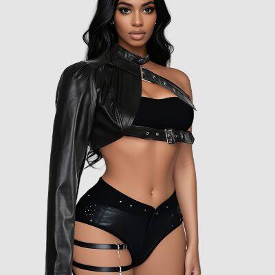 2025 Black Punk Single Shoulder PU Leather Robe Rock Dance Versatile Irregular European and American Independent Station Customized Typing