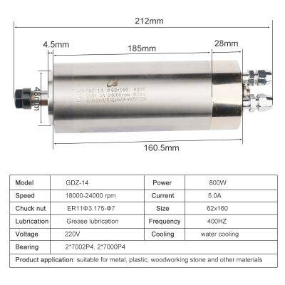 800w Water Cooling Spindle Motor 220V 380V Woodworking Engraving Spindle ER11 Collet Φ62x160mm For CNC Milling Router Machine photo-2