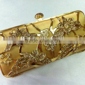 gold printed satin clutch handbag, floral printed satin evening bag, leaf printed floral,