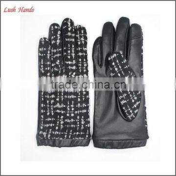 fashion sheep leather and black and white fabric women touchscreen leather gloves