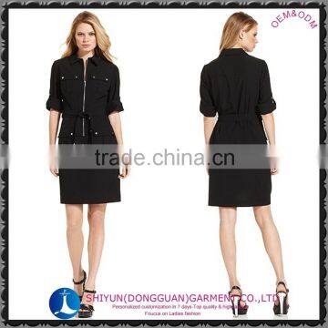2015 the Newest Ladies Pocket and Belt Shirt Dress With 3/4sleeve Black and Plus Size Free Sample