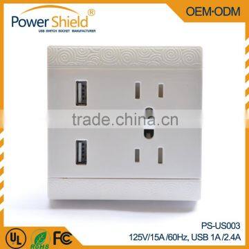 USA /Canada/Mexico 4.8A 2x usb wall socket outlet 125V 15A with integrated holder with FCC Standard Grounding overload protect