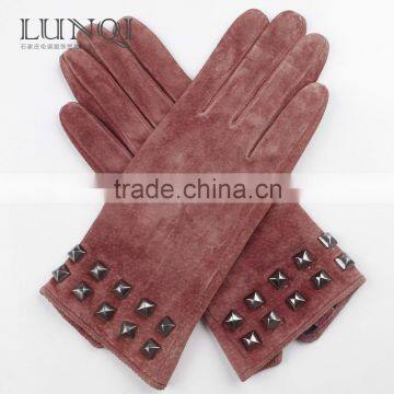 Light Burgundy with Rivet Button Pigskin Suede Gloves for Women