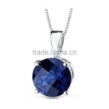 925 Sterling Silver Round Cut Created Blue Sapphire Pendant