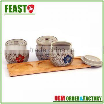 promotional wholesale ceramic kitchen canisters with bamboo tray and bamboo spoon