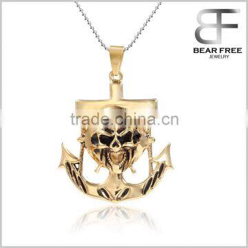 Titanium Stainless Steel Vintage Mens Punk Gold Skull Head Anchor Charm Necklace Pendant