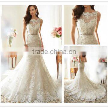 New arrived 2016 Luxury lace mermaid wedding dress DM-013 Off shoulder illusion neckline open back sexy bridal wedding dress