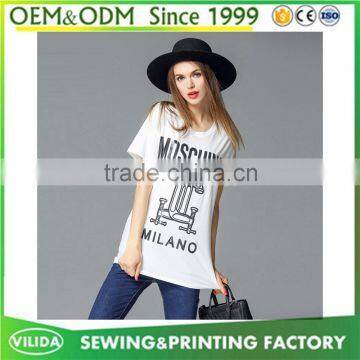 Hot Sale women's V Neck Printed Longline T Shirt Ladies 100% Cotton Printed Tee Shirt