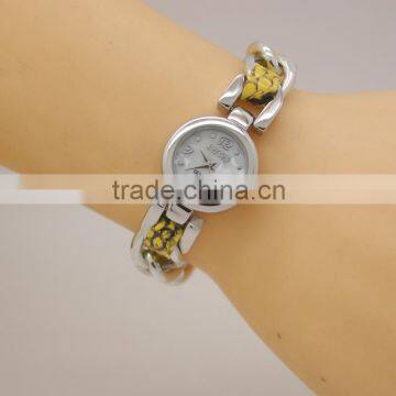 fashion women silver stainless steel with leather bracelet quartz wrist watch