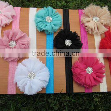 Children's Fashion Hair Accessories 2.5"Chiffon Shabby Flowers with Rhinestone in Center All Color IN STOCK