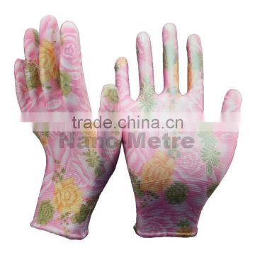 NMSAFETY 13 gauge pu coated gloves/flower print garden pu gloves