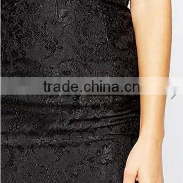 Guangzhou Clothing OEM Cut-away Shoulders Floral Jacquard Black Damask Cocktail Dress