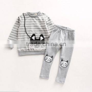 Kids Outfits Cheap Baby Girl Clothes Sets Stripe Kitty Backpack Long Sleeve T-shirt + Leggings photo-3