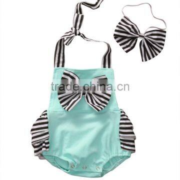S33498W Kids Baby Girls Sleeveless Striped Bow Romper Offer-shoulder Straps Jumpsuit photo-4