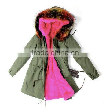 Myfur Customized Fake Rabbit Fur Lining Plus Parka with Random Colorful Raccoon Fur Hood