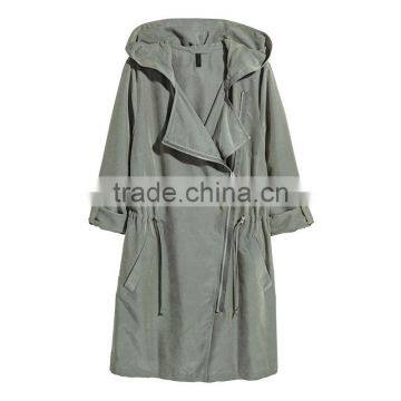 Hooded Parka Diagonal Zip Drawstring Waist Womens Long Warm Jackets photo-5
