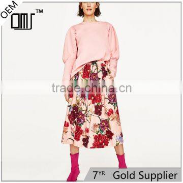 2017 OEM Spring Elegant Flower-printed Circle Skirt with Side Pockets