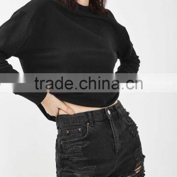 Women Fashionable Wearing Black Distressed High Waisted Denim Shorts photo-2