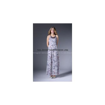 2015 Long Summer Chiffon Bead Print Maxi Dress QD8010