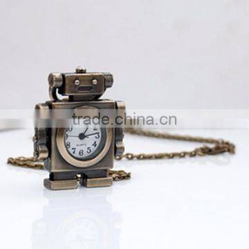 Antique Bronze Cartoon Robot Open Faced Pocket Watch Pendant Necklace