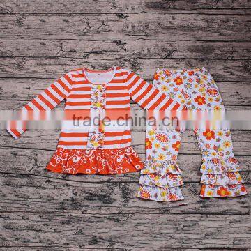 Yawoo in stock girls orange stripe top match floral pants fall outfits girl boutique clothes