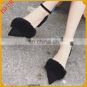 Women Spring Low Heeled With Rabbit Fur Dress Shoes