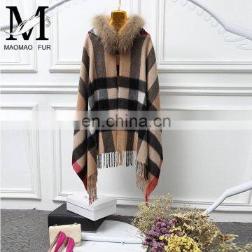 Fashion Women Real Raccoon Fur Hood Shawl Wool Cashmere Scarves Shawls