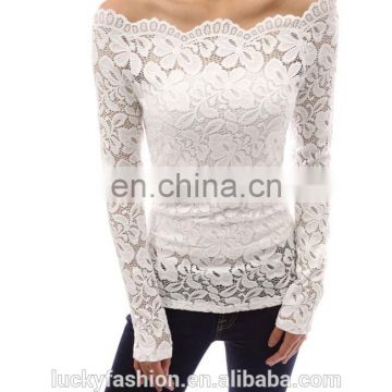 2016 Autumn Sexy Women Blouses Off Shoulder Lace Crochet Shirts Long Sleeve Slim Casual Women Shirt Plus Size