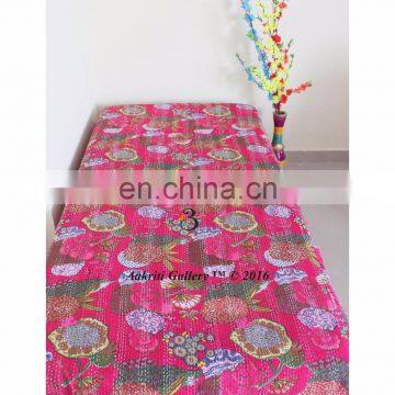 Fruit Print Single Kantha Bedspread Quilt Throw Indian Pink Color Handmade Cutwork Kantha Bedspread Quilt