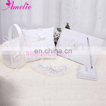 White Color Crystal Love Buckle Decoration Wedding Collections Set Party Shower Love Ring Pillow and Flower Basket Set