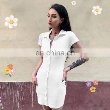 2020 Hot Sale Buttoned Hip Skirt Sexy Women's Short Sleeve Lapel Shirt Dress