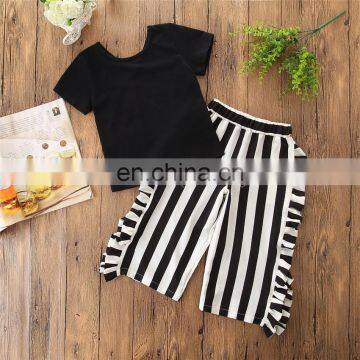 Girl Summer 2PCS Outfit Kids Short Sleeve Black Tops & Stripe Pant Set Girl Clothing Sets for 1-6T photo-2