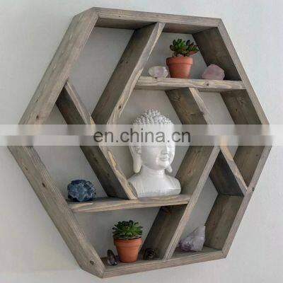 New Design Handcrafted Wood Spiral Hexagon Shelf Unique Wall Mounted Floating Display Shelves