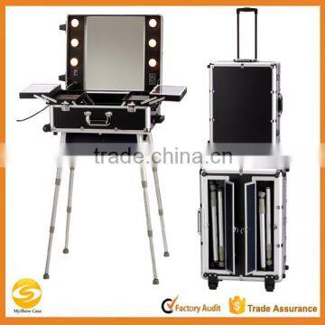 Rolling Ligthed Makeup Artist Train Case with stand and mirrors,Aluminum Cosmetic trolley travel case with light and legs