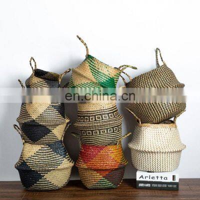 Foldable Seagrass Storage Baskets with Handles, Seagrass Belly Basket Straw Plant Holder Wholesale