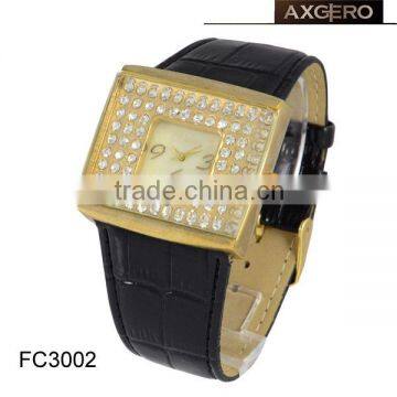 gold plated diamond leather strap watch