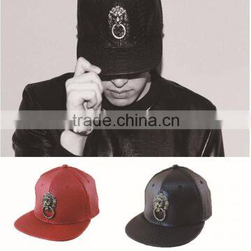 Cool Punk Rock Lion Head Decorated Flat Brim Snake PU Leather Hiphop Cap