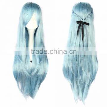 Hot Anime Wigs Human Hair Sword Art Online SAO ALO Titania Yuuki Asuna Water Fairy 80cm Long Straight Aqua Blue Cosplay Full Wig