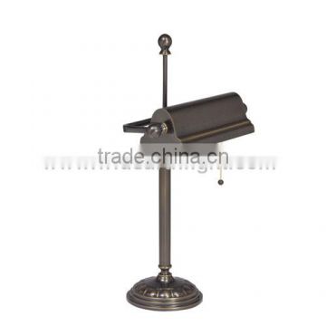 UL Listed Antique Brass Desktop Iron Lamp With Metal Drum Shade And Pull Chain Switch For Office Bank T80265