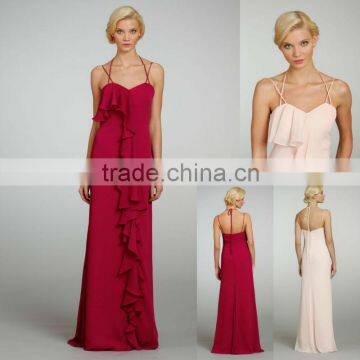 Custom Made Wholesale Spaghetti Halter A-line Cascading Ruffle Ribbon Belt Natural Floor Length Bridesmaid Dress 5315