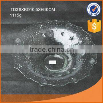 hot selling D39cm big clear round glass plate in flower shape with embossing
