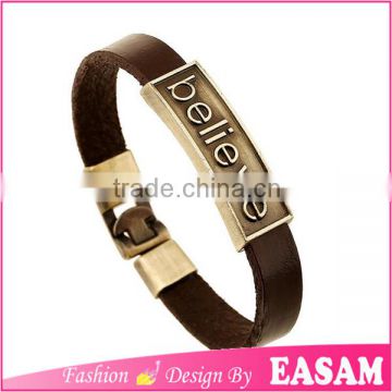 Latest design BELIEVE letter engraved teen leather bracelet/man hand bracelet