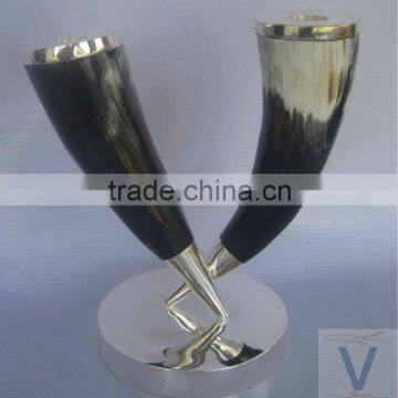 Black and white buffalo horn candle holder with silver plated base and top. 20cm H