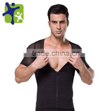 Mens Body Shaper Short Sleeve mesh Undershirt ,Bodysuits for Adult zipper Compression t shirt 389