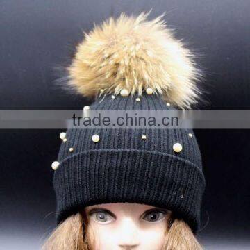 Wholesale Latest UK Style Colorful Wool Crochet Hat With Raccoon Fur Pom Poms White Crochet Knit Hat