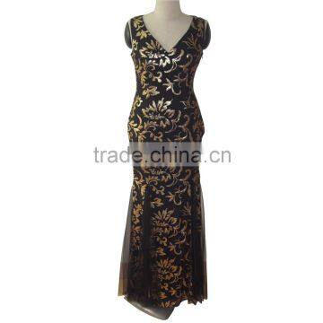 New design gold sequins with black mesh ladies dress wholesale women evening dresses